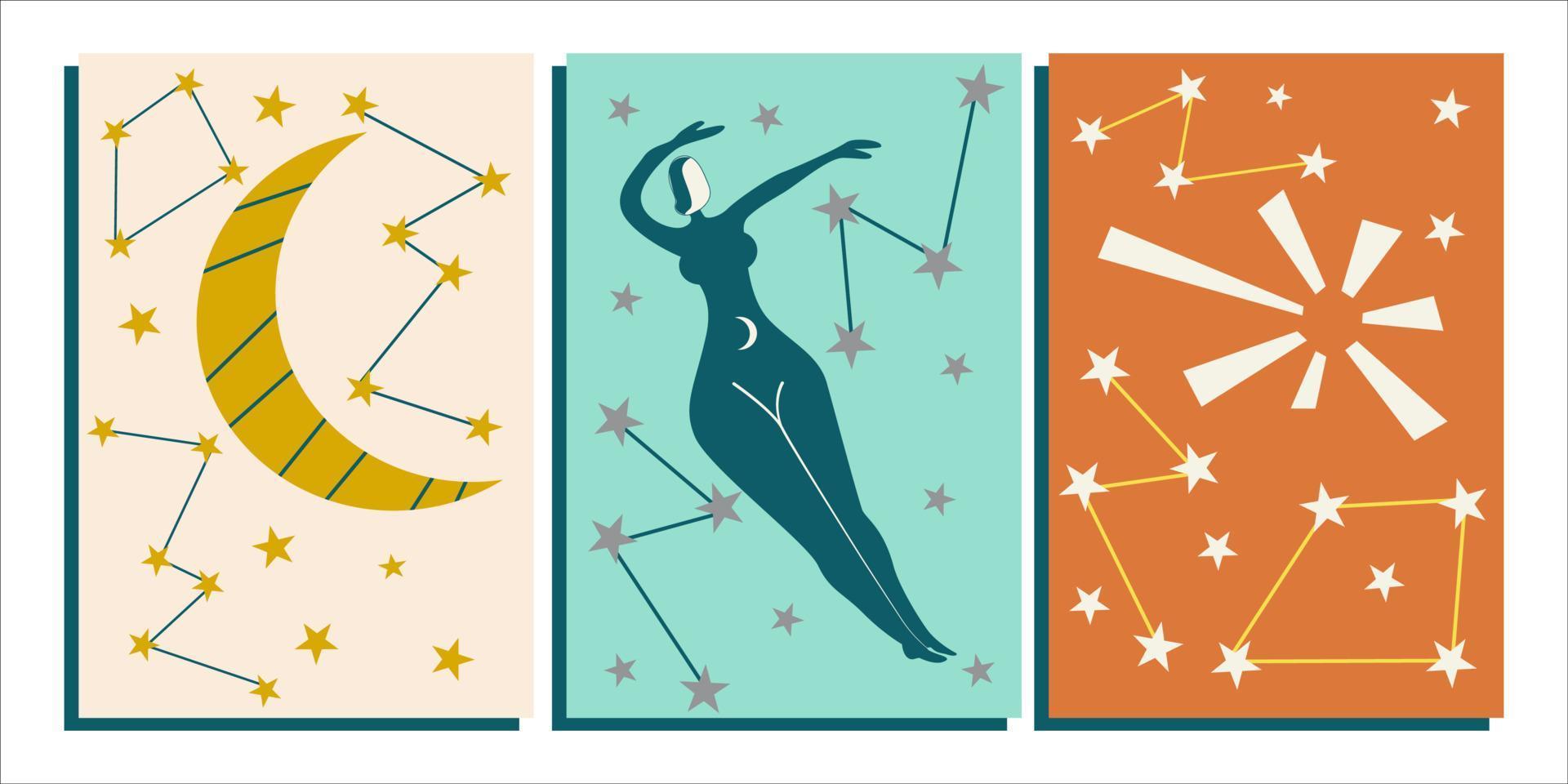 modello di copertina con una figura femminile astratta, le costellazioni del sole, della luna e delle stelle. divinazione e astrologia, una donna nel cielo. illustrazione vettoriale in uno stile piatto