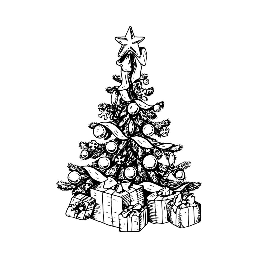 albero di natale decorato disegnato a mano con scatole regalo isolati su sfondo bianco. elemento di design per cartoline di Natale, inviti, decorazioni. illustrazione vettoriale in stile schizzo