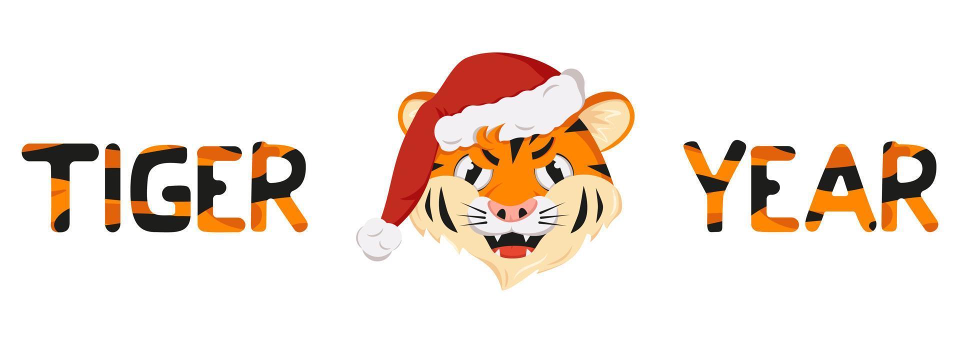 tigre arrabbiata, simbolo del nuovo anno in cappello di Babbo Natale rosso. animali selvatici dell'africa, faccia con emozione furiosa, decorazione natalizia con scritte a strisce arancioni vettore