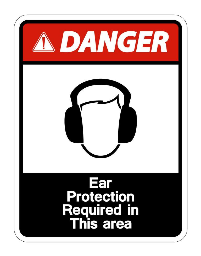 pericolo protezione per le orecchie richiesta in questa area simbolo segno su sfondo bianco, illustrazione vettoriale