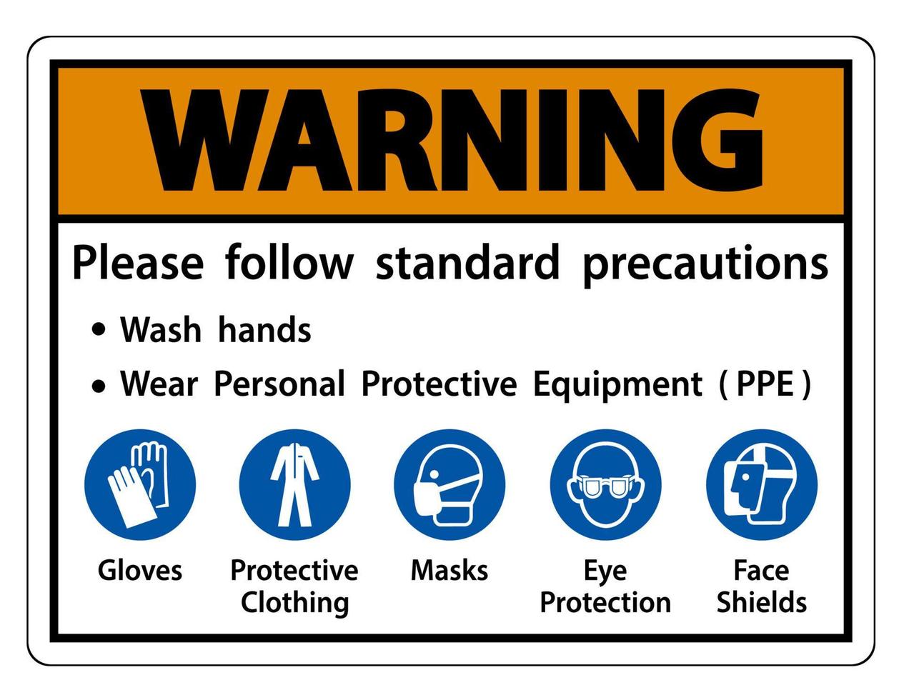avvertimento seguire le precauzioni standard, lavarsi le mani, indossare dispositivi di protezione individuale dpi, guanti indumenti protettivi maschere protezione per gli occhi visiera vettore