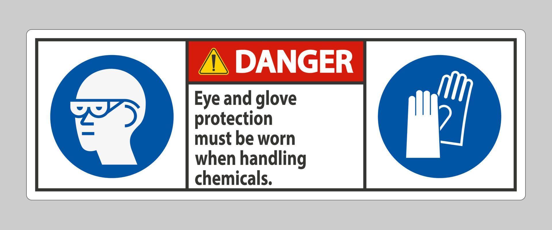 segnale di pericolo occhiali e guanti di protezione devono essere indossati quando si maneggiano sostanze chimiche vettore