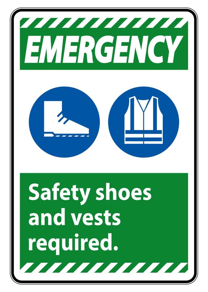 Segnale di emergenza scarpe antinfortunistiche e giubbotto richiesti con simboli PPE su sfondo bianco vettore