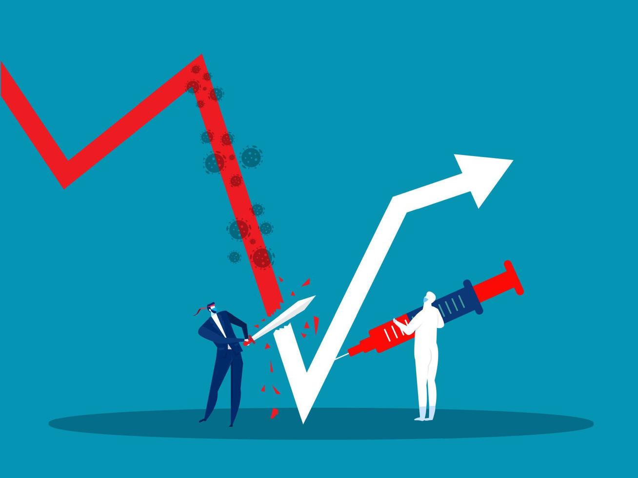 uomo d'affari che tiene la spada per proteggere il virus corona covid 19 con iniettare il vaccino per l'illustrazione vettoriale del grafico di crescita