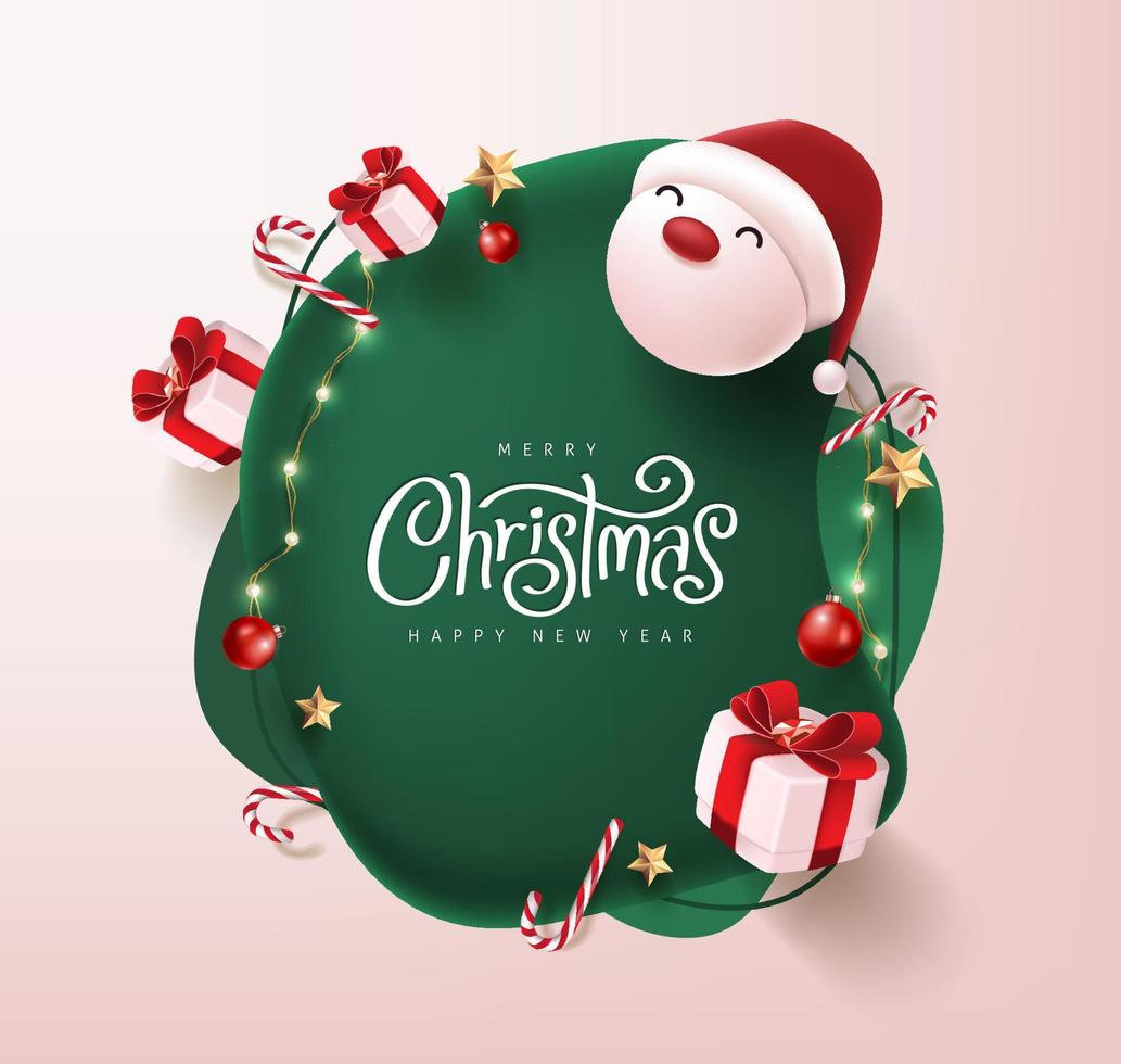 buon natale e felice anno nuovo banner con simpatico babbo natale e decorazioni festive vettore