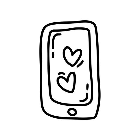 Monoline telefono carino con cuore. Icona disegnata a mano di vettore San Valentino. Doodle di schizzo di vacanza San Valentino elemento di design. amo l&#39;arredamento per il web, il matrimonio e la stampa. Illustrazione isolato