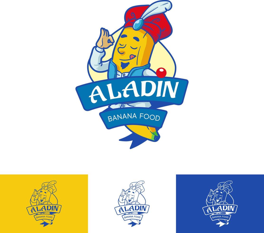 aladin banana food logo, adesivo giallo fresco icona vettore illustrazione, frutta concetto isolato, contorno piatto stile cartone animato per patatine stick cake bread