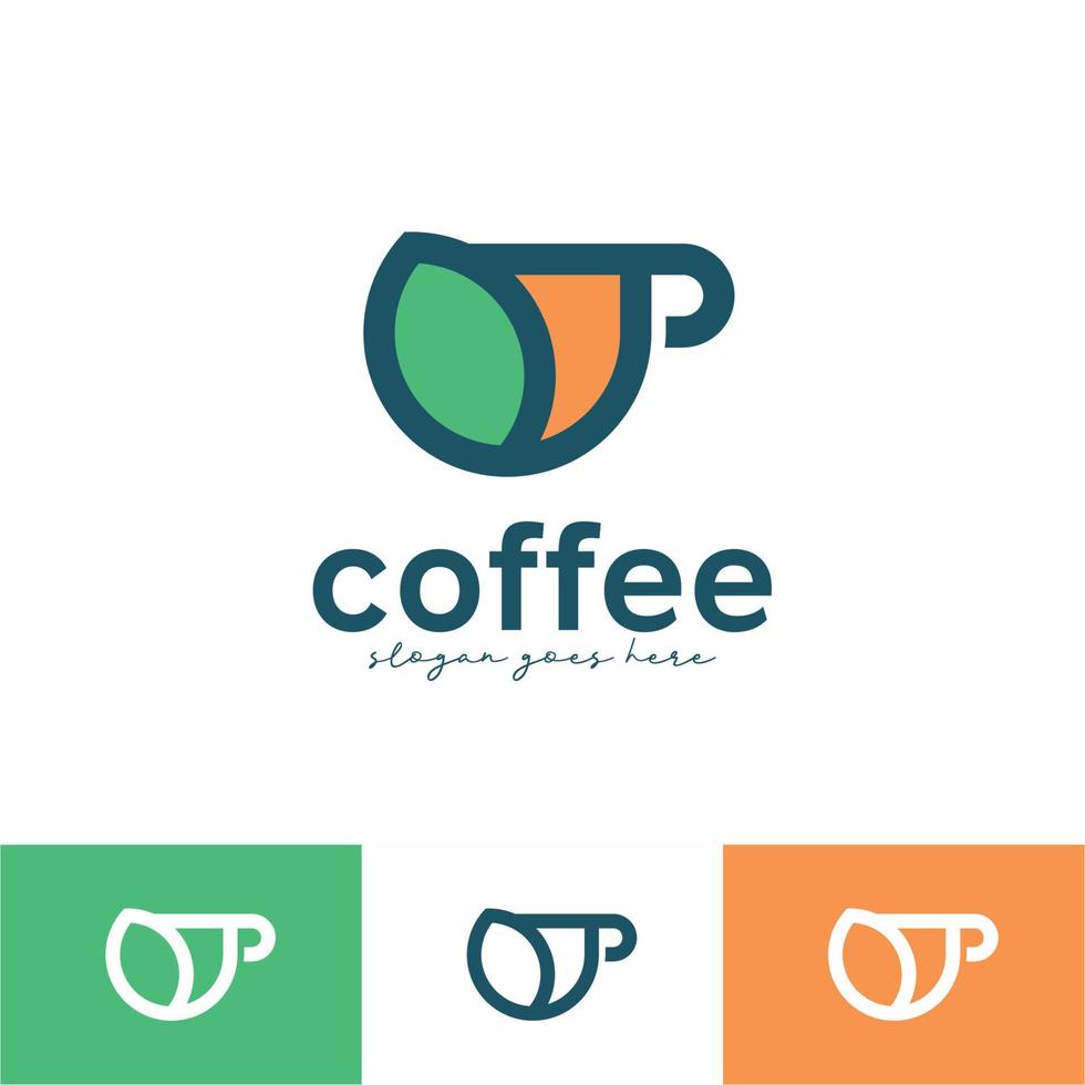 tazza contorno icona chicchi di caffè foglia bevanda logo negozio illustrazione vettoriale modello di progettazione