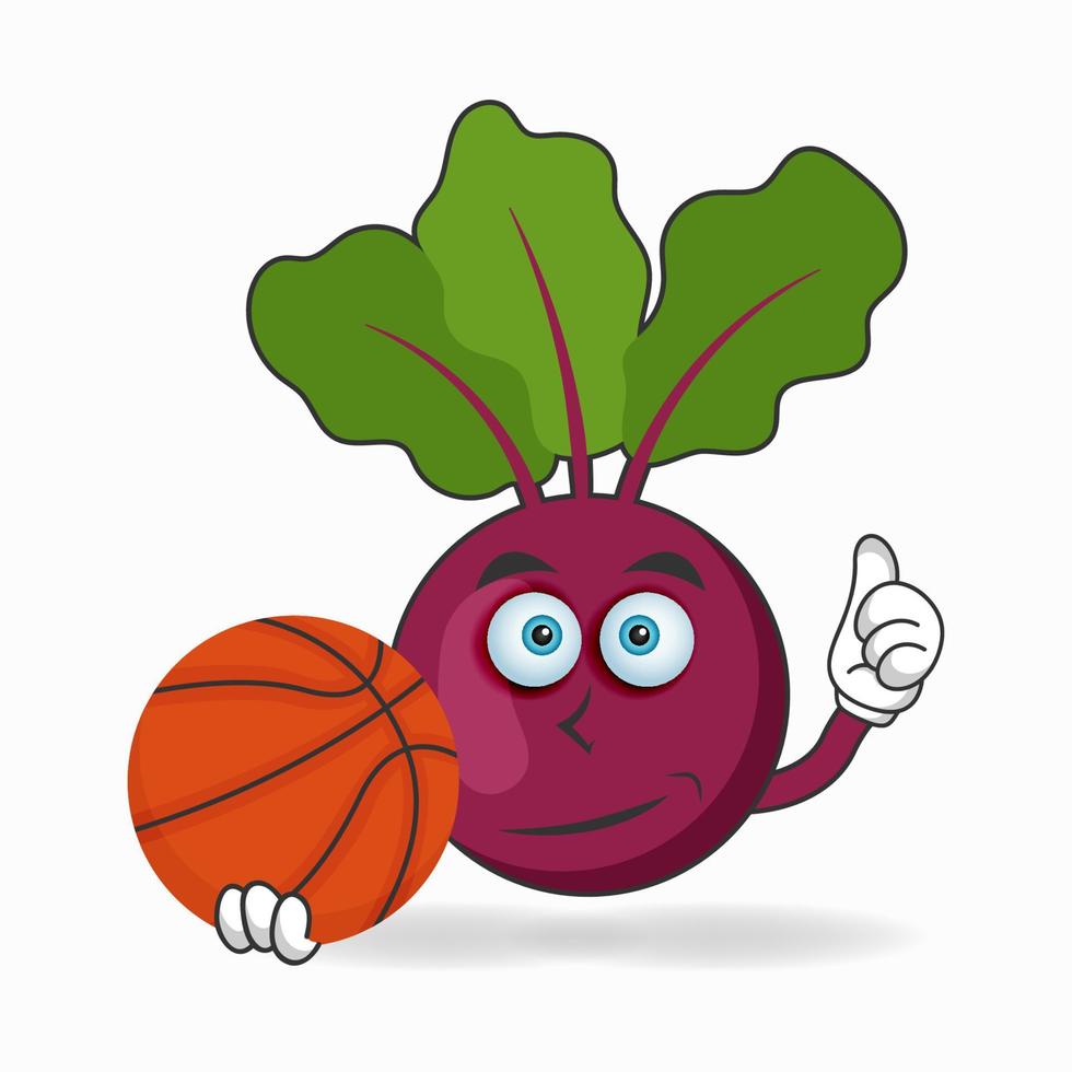 il personaggio mascotte cipolla viola diventa un giocatore di basket. illustrazione vettoriale