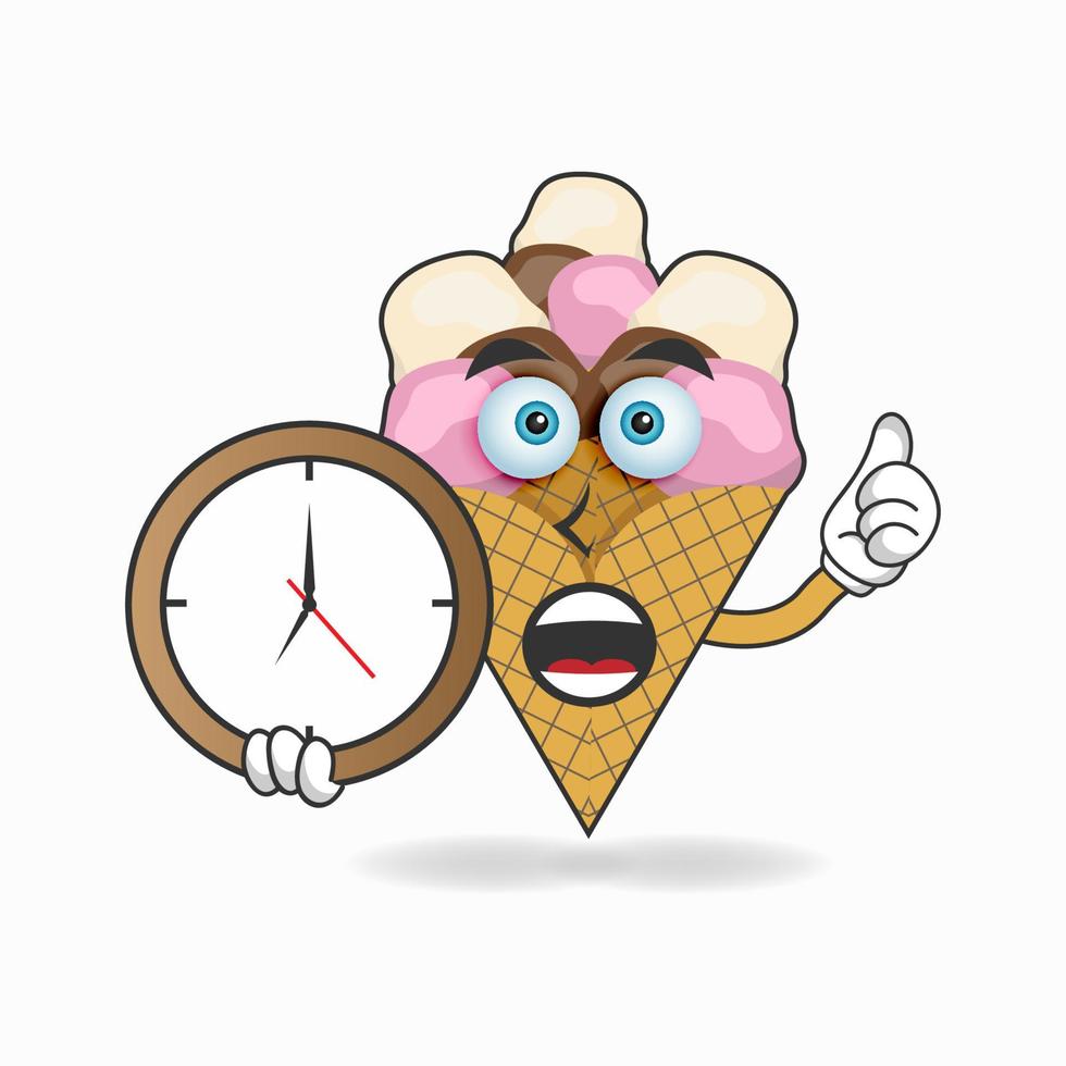 personaggio mascotte gelato che tiene un orologio da parete. illustrazione vettoriale
