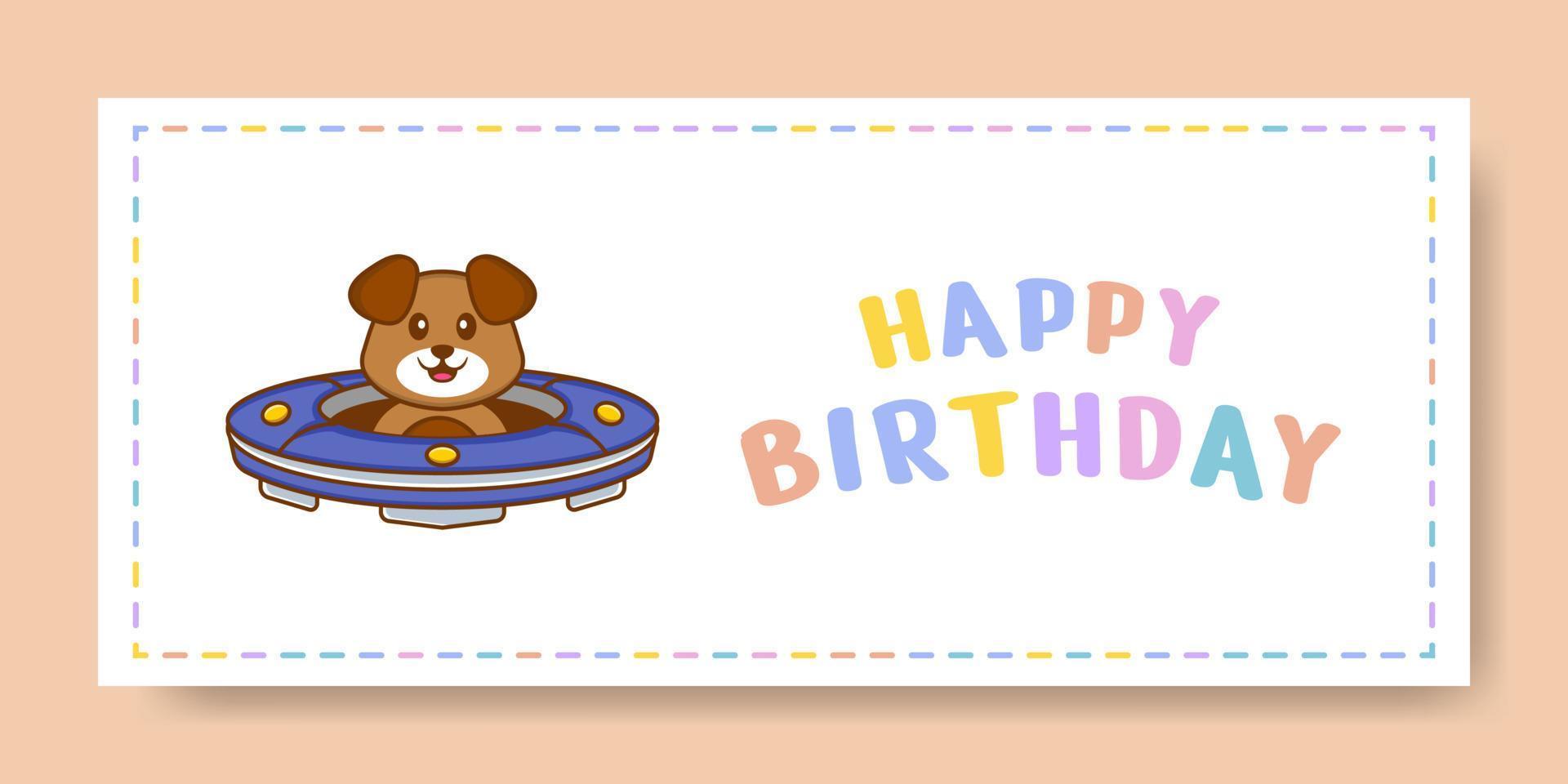 banner di buon compleanno con simpatico personaggio dei cartoni animati di cane. illustrazione vettoriale