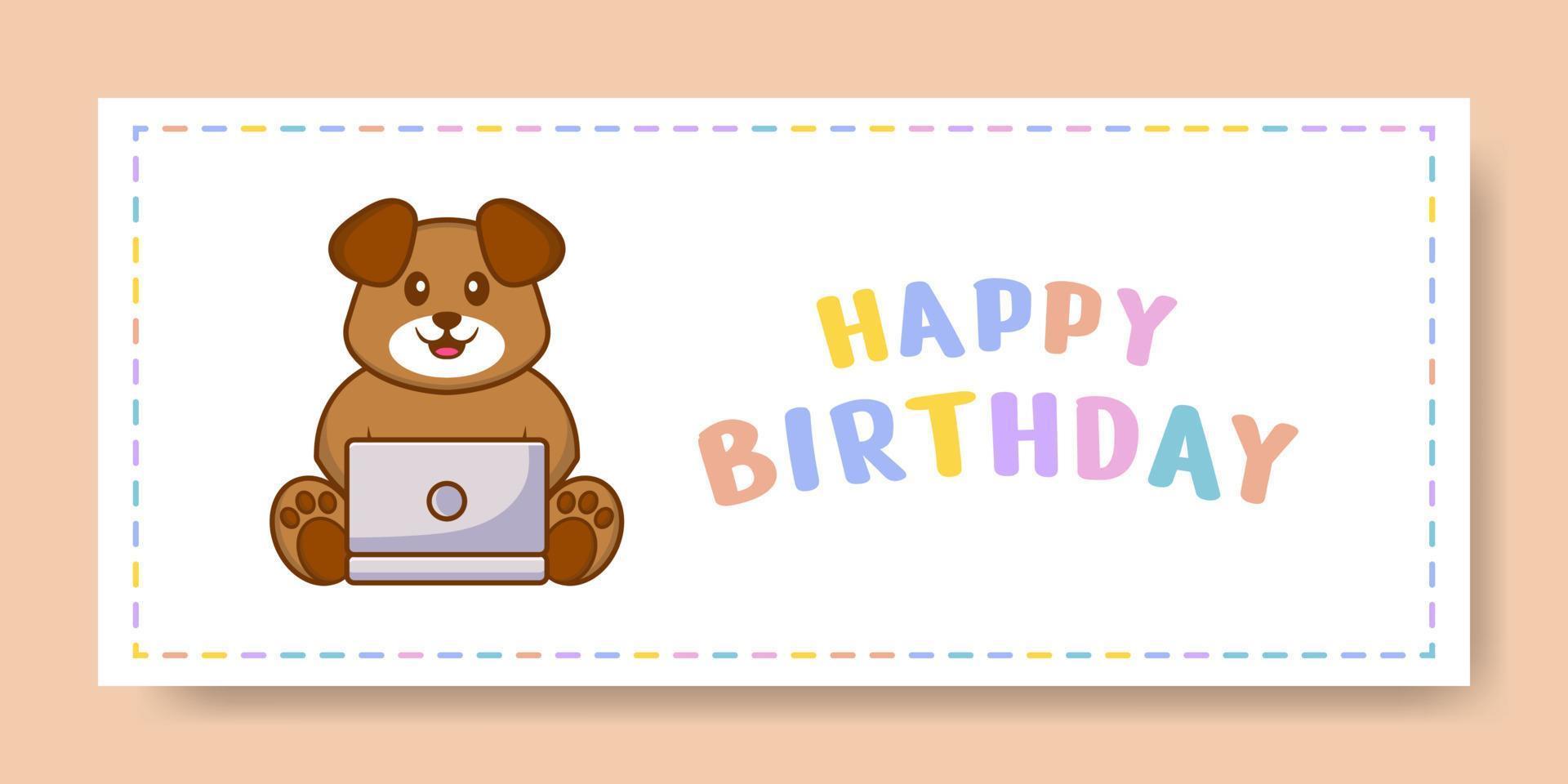 banner di buon compleanno con simpatico personaggio dei cartoni animati di cane. illustrazione vettoriale