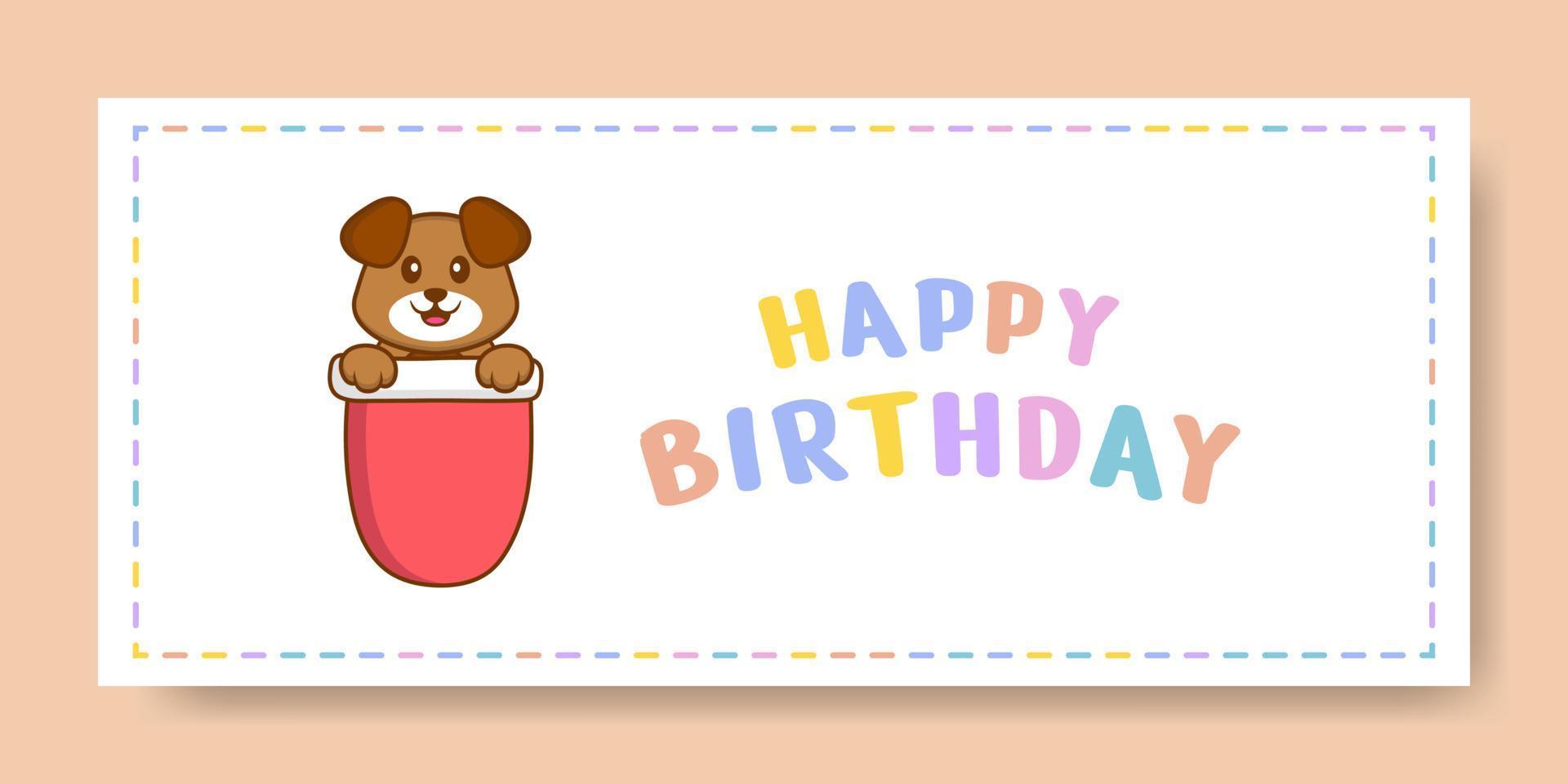 banner di buon compleanno con simpatico personaggio dei cartoni animati di cane. illustrazione vettoriale