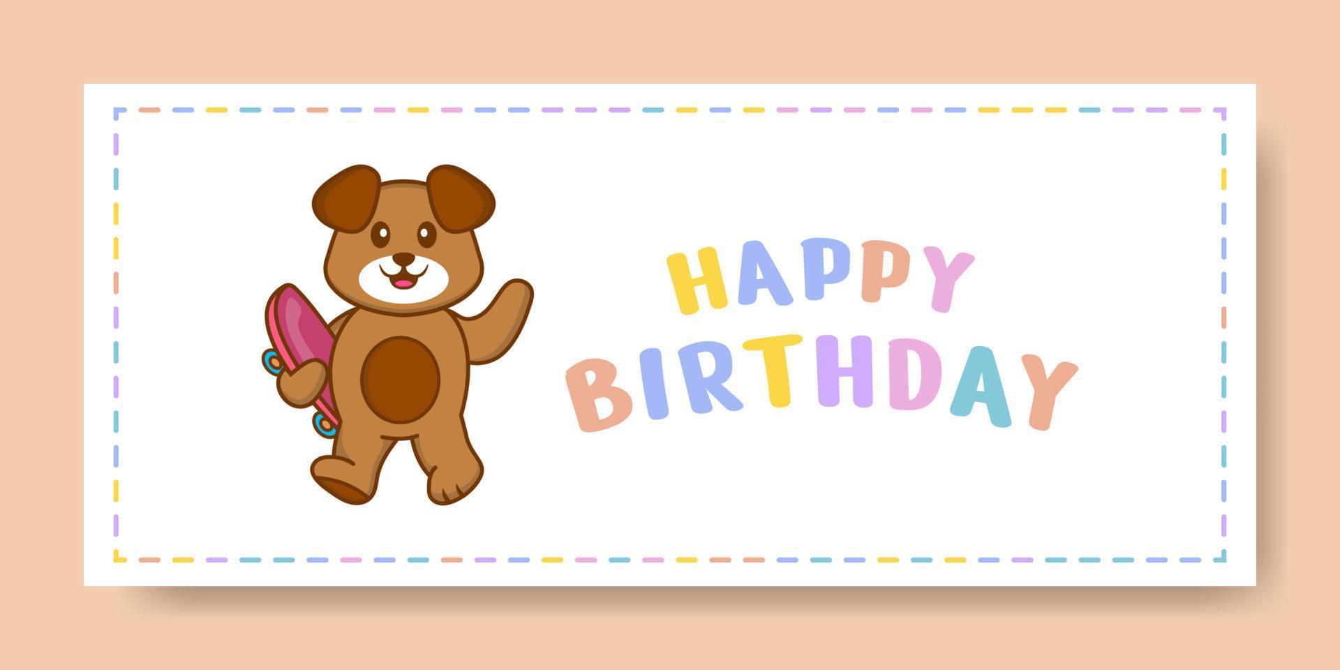 banner di buon compleanno con simpatico personaggio dei cartoni animati di cane. illustrazione vettoriale