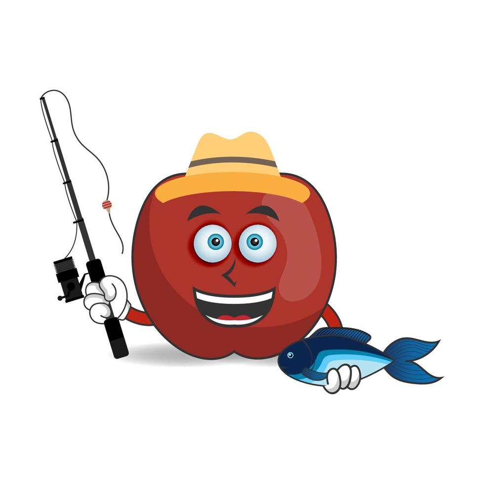 il personaggio mascotte della mela sta pescando. illustrazione vettoriale