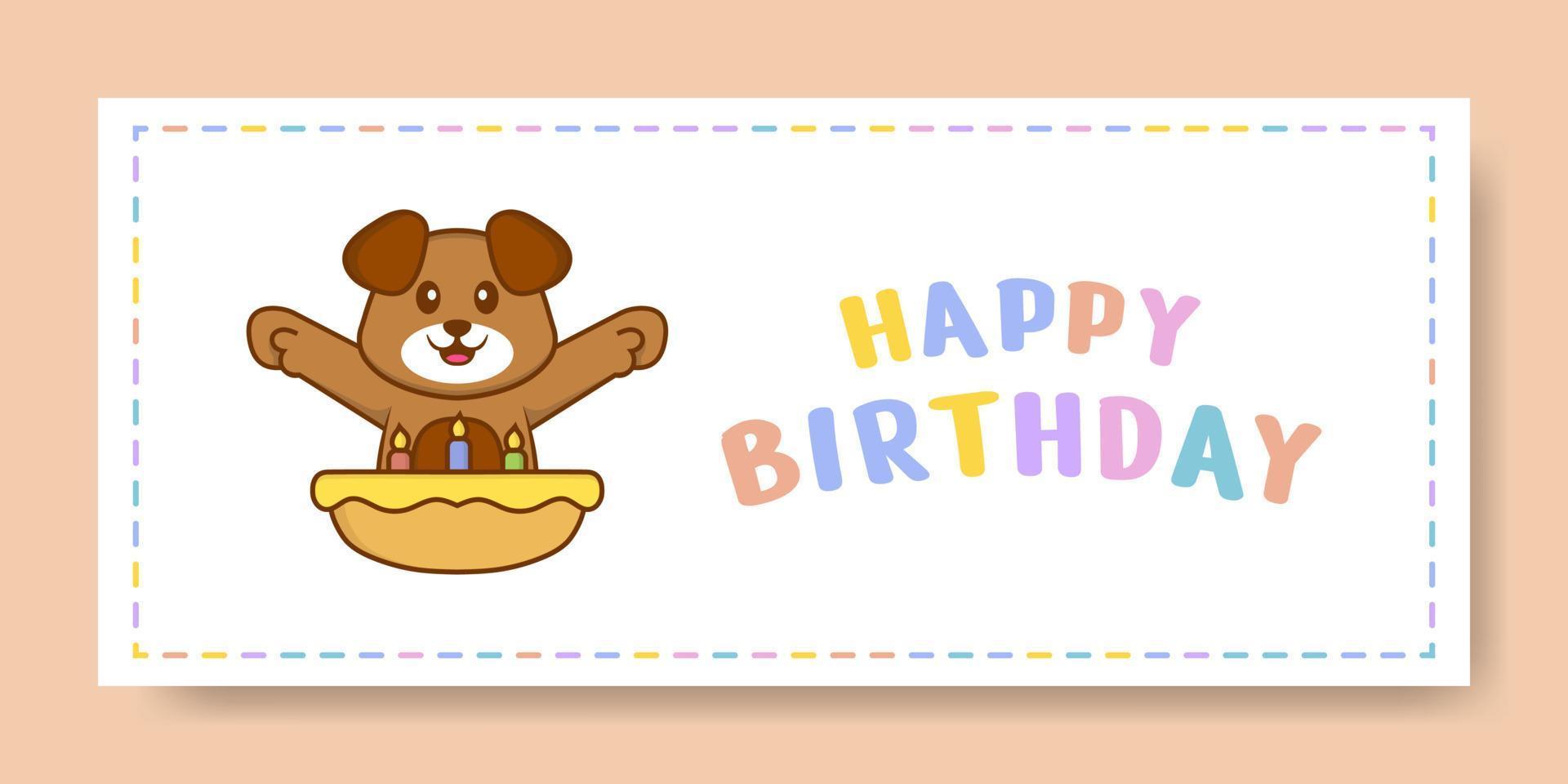 banner di buon compleanno con simpatico personaggio dei cartoni animati di cane. illustrazione vettoriale