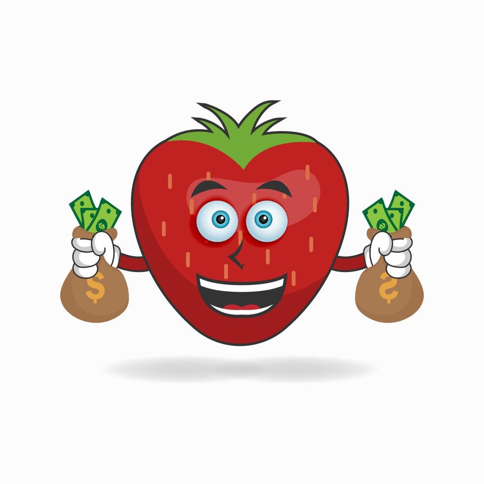 personaggio mascotte della fragola che tiene soldi. illustrazione vettoriale