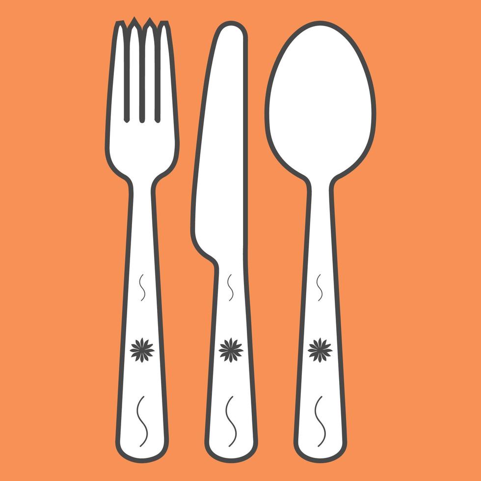 cucchiaio bianco forchetta e coltello sfondo arancione vettore