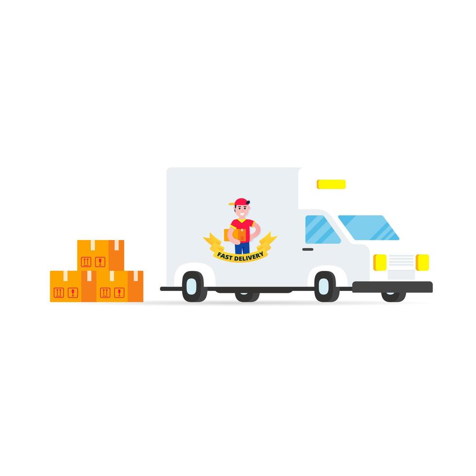 veicolo di consegna rosso veloce auto furgone e ragazzo carattere e scatole stile piatto design illustrazione vettoriale isolato su sfondo bianco. simbolo della società di consegna.