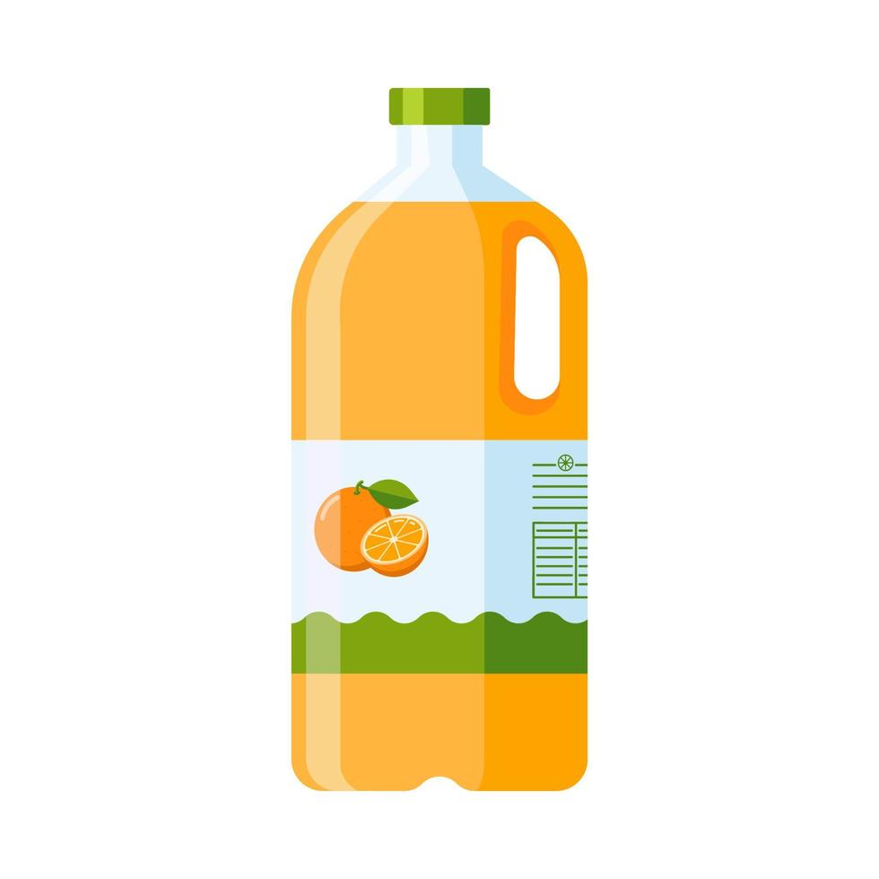 bottiglia di plastica di succo d'arancia. stile piatto. icona di bevanda agli agrumi per logo, menu, emblema, modello, adesivi, stampe, design del pacchetto alimentare vettore