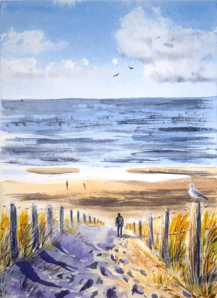 mano dipinto acquerello spiaggia. acquerello pittura raffigurante un' riva del mare, persone e un' gabbiano. acquerello marino paesaggio. vettore