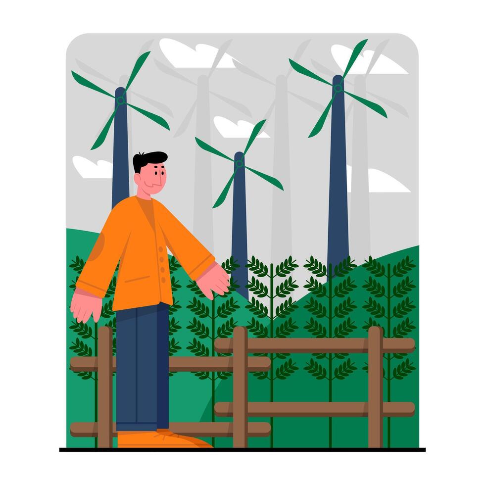 uomo in piedi vicino campo e mulini a vento. verde energia concetto. rinnovabile energia e verde elettricità vettore