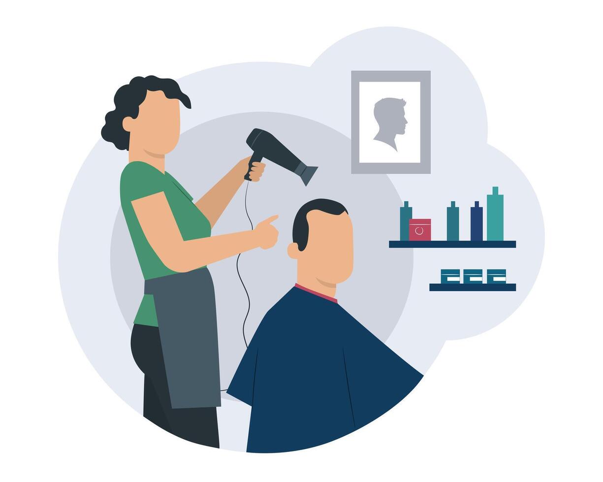 femmina nel grembiule Tenere fan, si asciuga capelli per uomo dopo taglio di capelli vettore