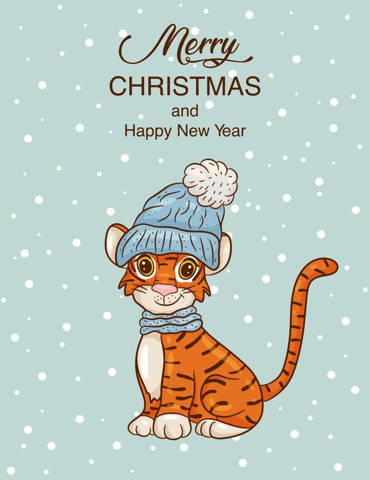 tigre simpatico cartone animato con cappello caldo. simbolo dell'anno secondo il calendario cinese. Biglietto natalizio. illustrazione vettoriale