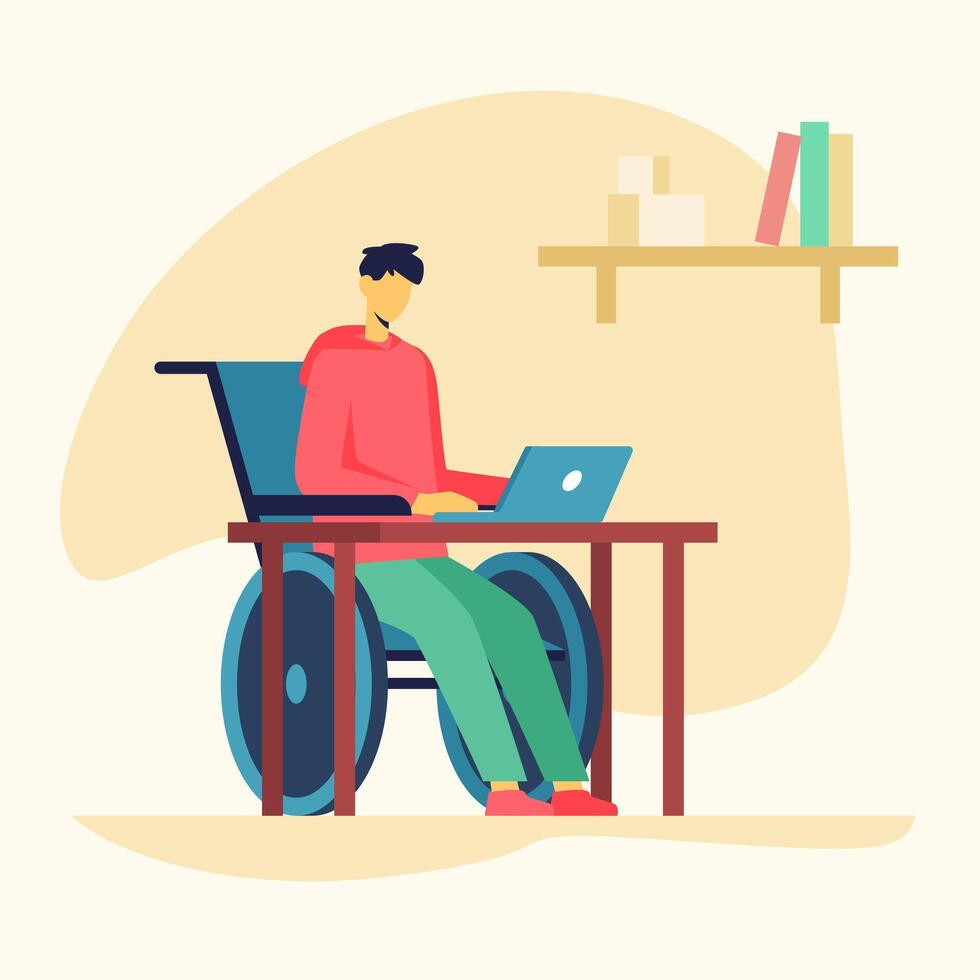 uomo nel sedia a rotelle seduta a tavolo e Lavorando su il computer portatile a partire dal casa vettore