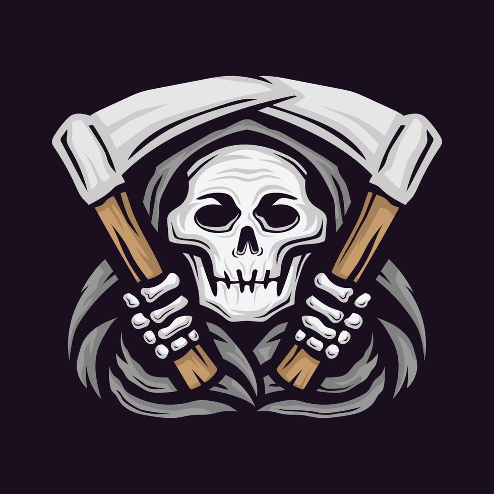 Skull Grim Reaper con il logo della falce. illustrazione vettoriale