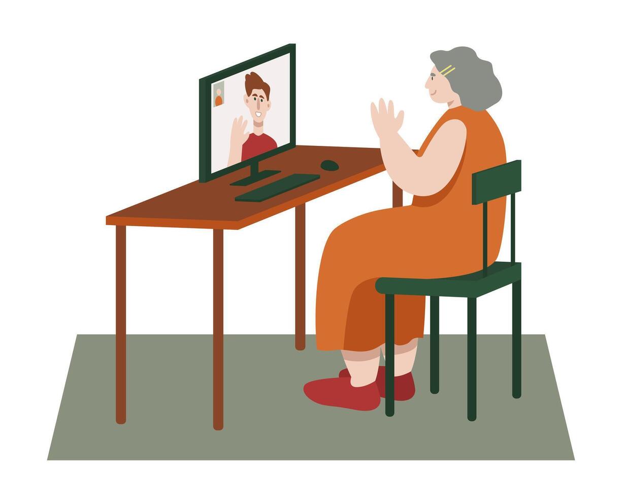 adulto donna seduta a tavolo con computer e avendo video chiamata con nipote vettore