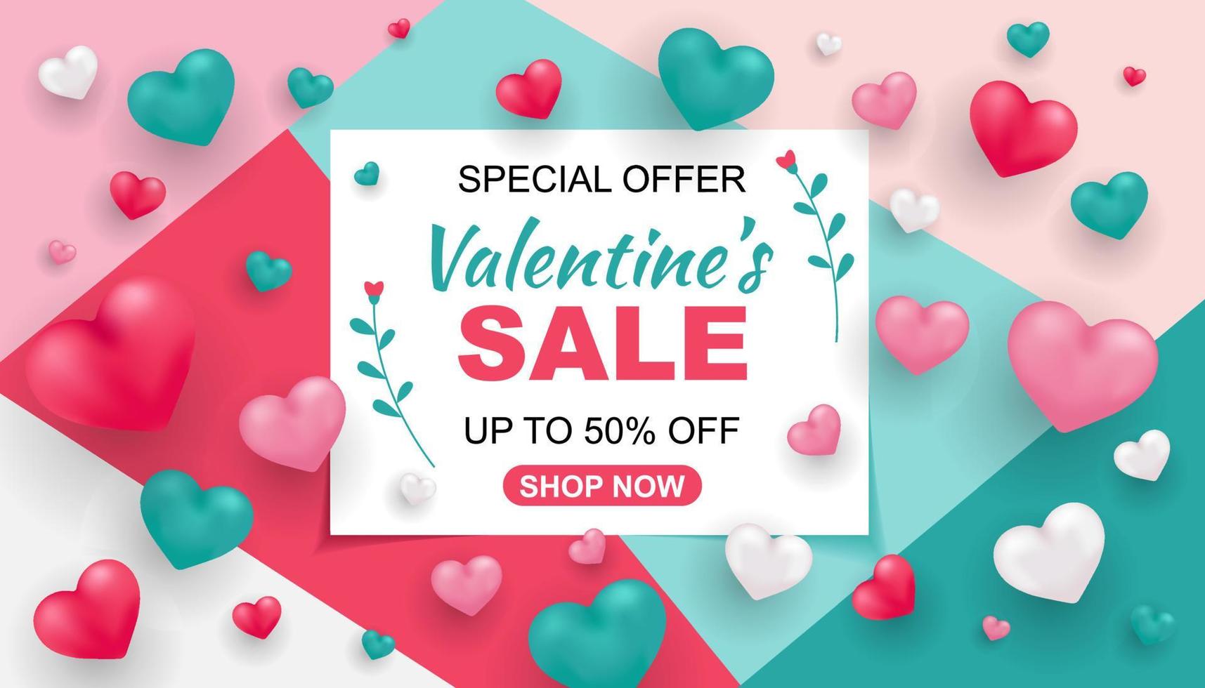 banner di vendita di San Valentino. composizione con cuori tridimensionali. illustrazione vettoriale per sito Web, poster, annunci, coupon, promozionali, volantini, voucher o altro