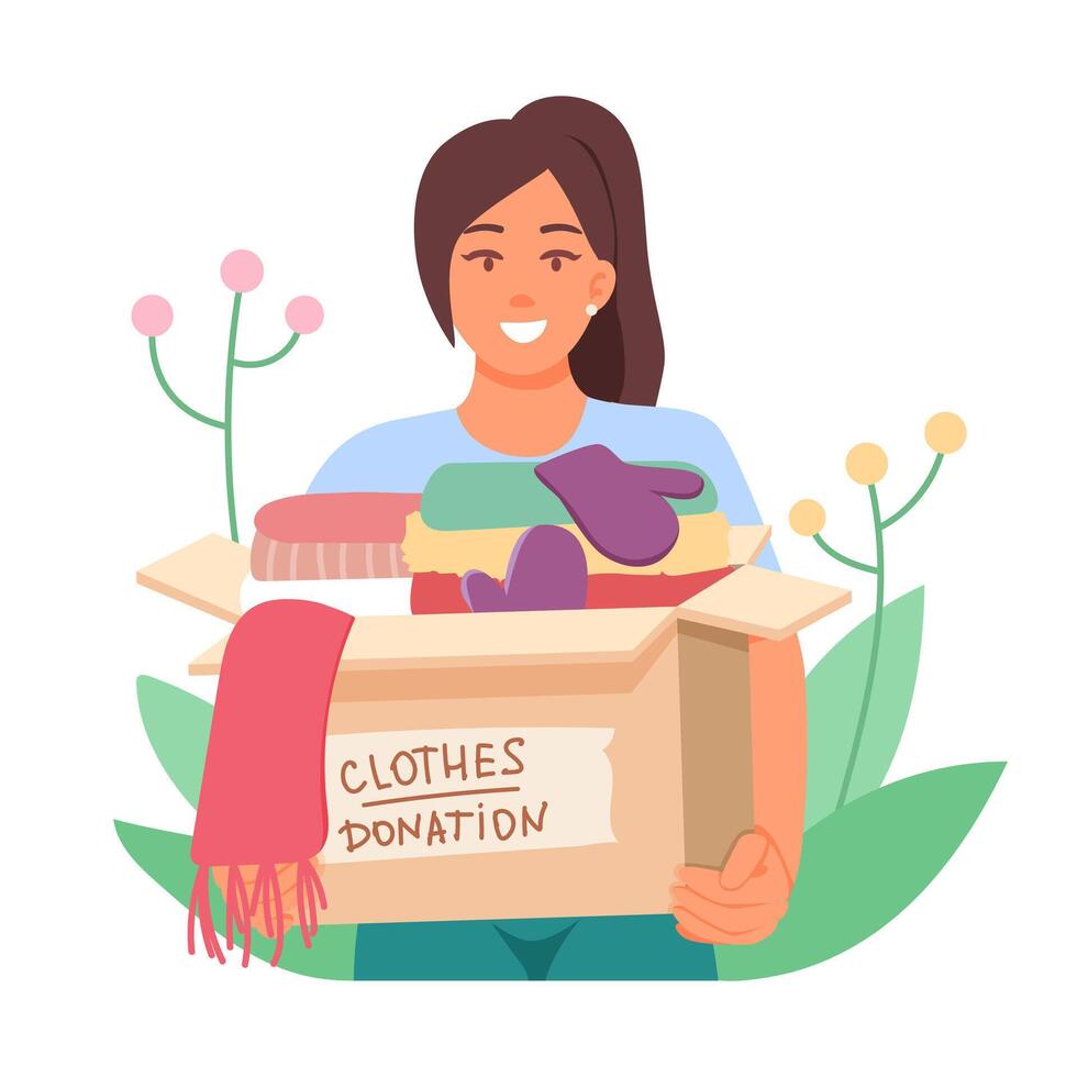 sorridente femmina Tenere scatola con Abiti donazione. Aiuto e cura per persone nel bisogno vettore