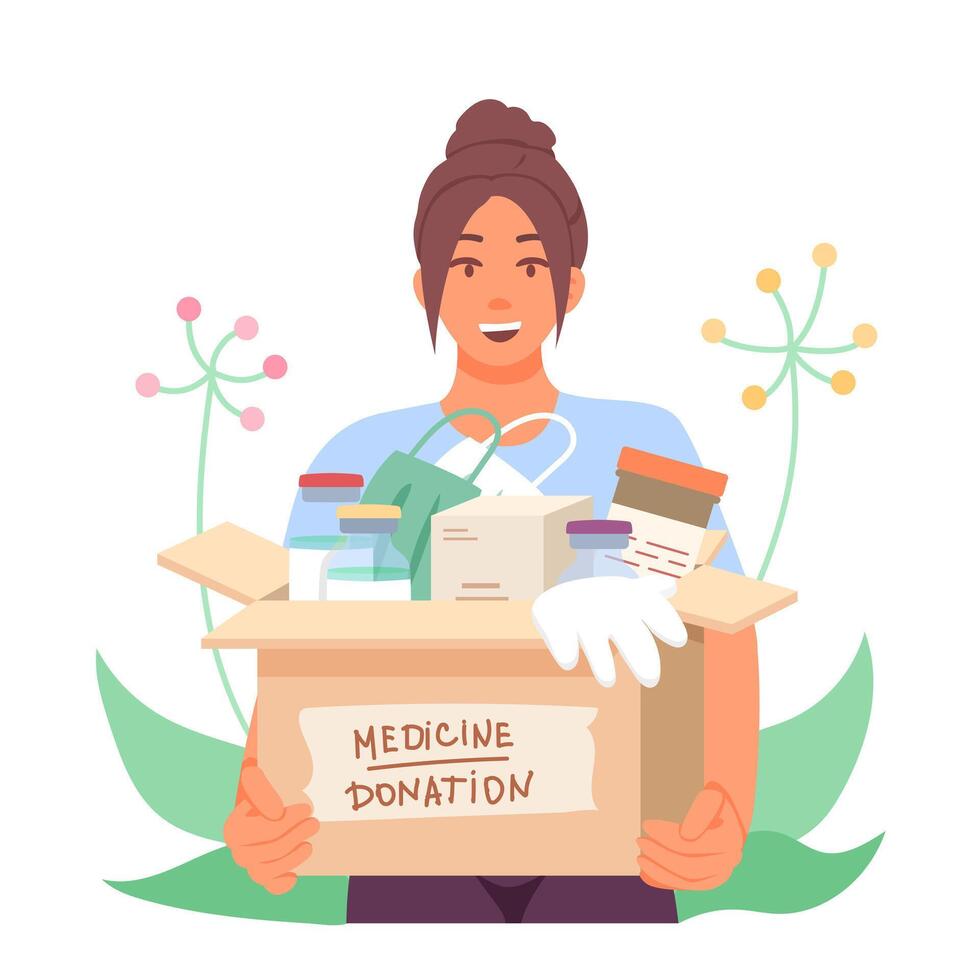 femmina Tenere scatola con medicina donazione. Aiuto e cura per persone nel bisogno con diverso medicina vettore