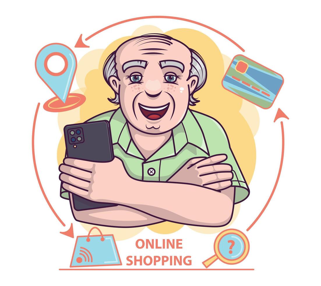 sorridente vecchio maschio utilizzando smartphone per negozio in linea. pagare con credito carta, senza soldi concetto vettore