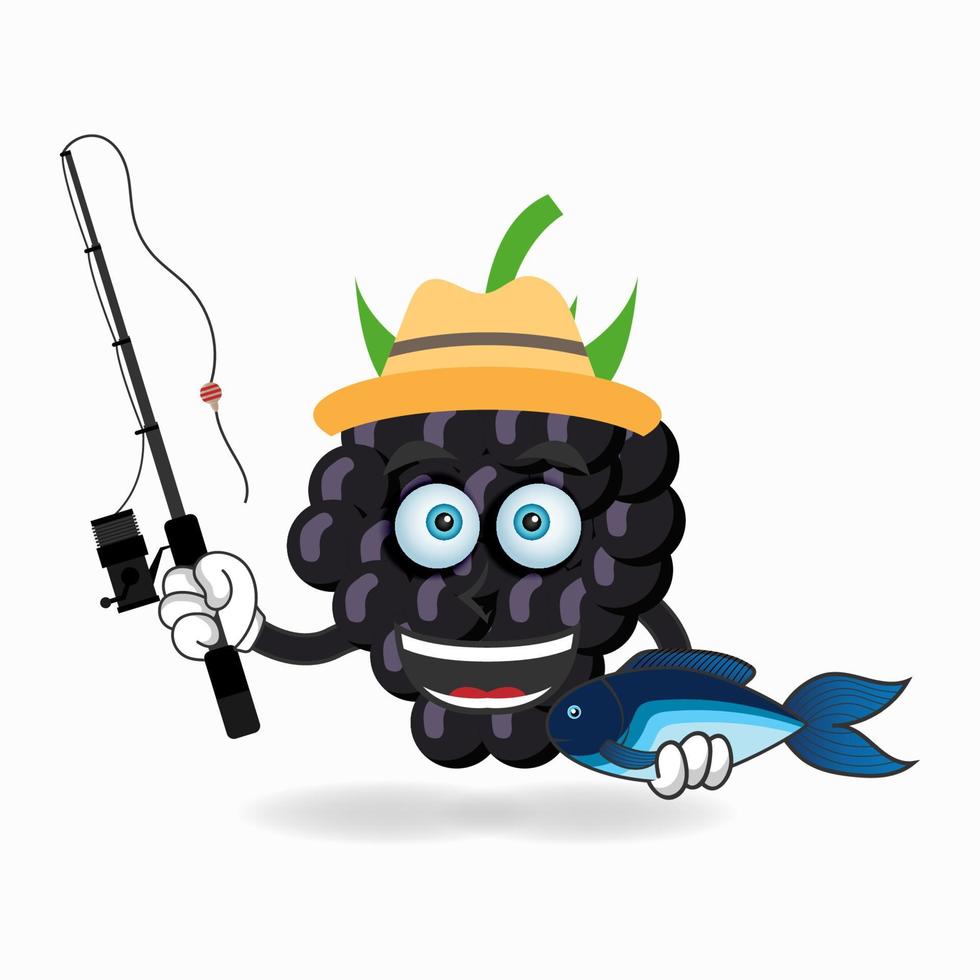il personaggio mascotte dell'uva sta pescando. illustrazione vettoriale