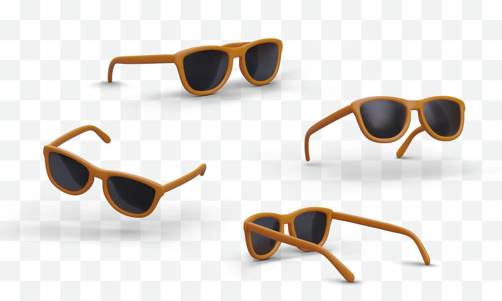 cartone animato realistico 3d occhiali da sole nel diverso posizioni. Prodotto per azienda vendita occhiali da sole vettore