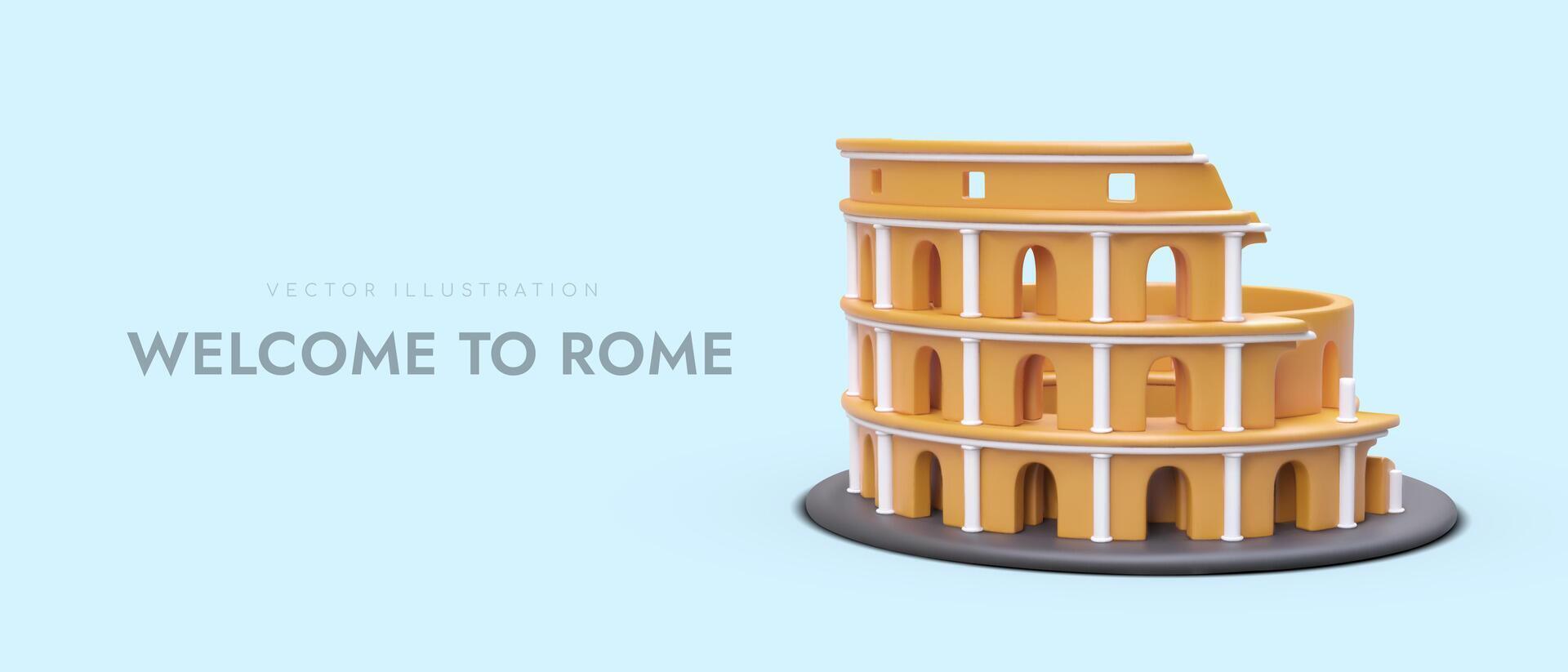 realistico 3d manifesto con cartone animato Colosseo e posto per testo. ragnatela pagina per viaggio azienda vettore