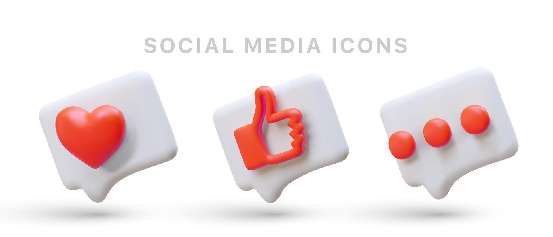 luminosa e tre dimensionale icone per sociale reti. piace, commento, Contentissimo vettore