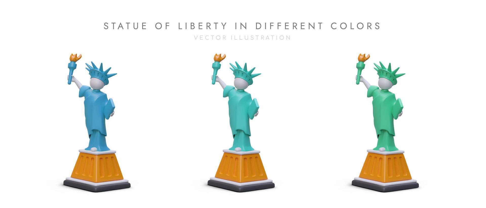 americano statua di libertà nel diverso colori. impostato di 3d icone con ombre su bianca sfondo vettore