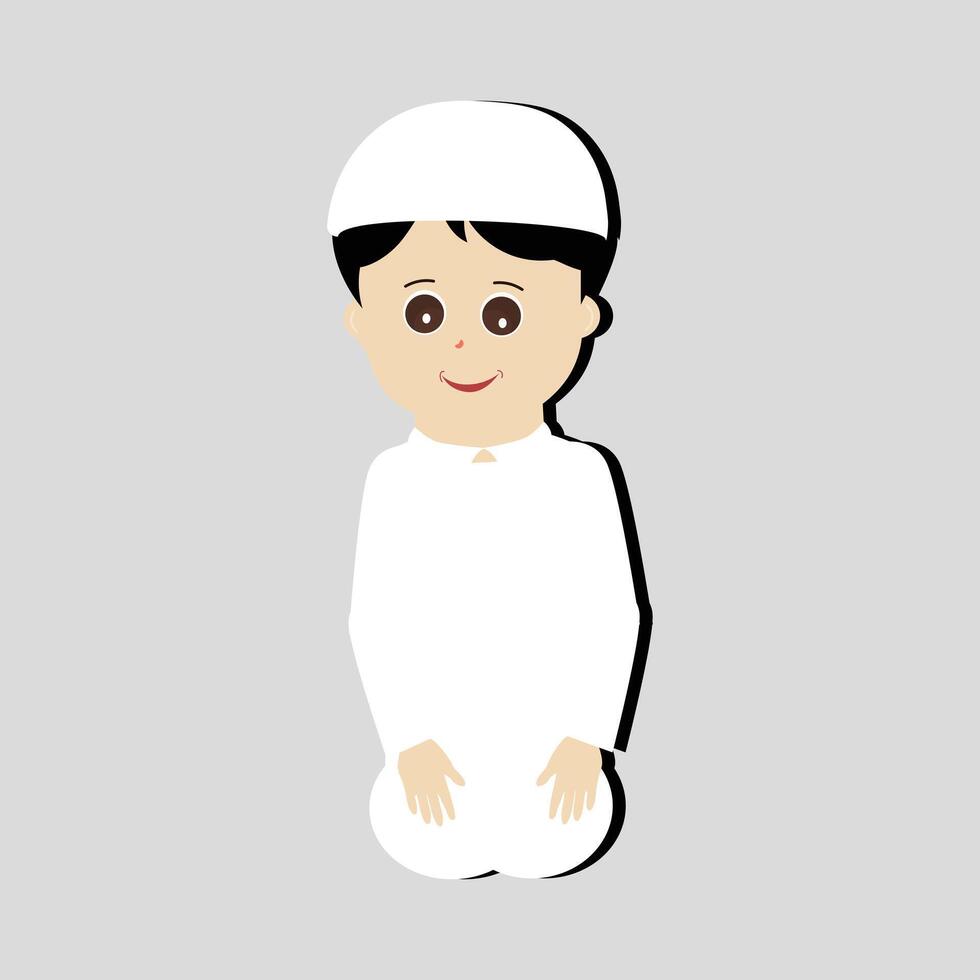 contento musulmano ragazzo cartone animato personaggio vettore. musulmano ragazzo pregando, poco musulmano ragazzo diverso posa e sentire pace. vettore