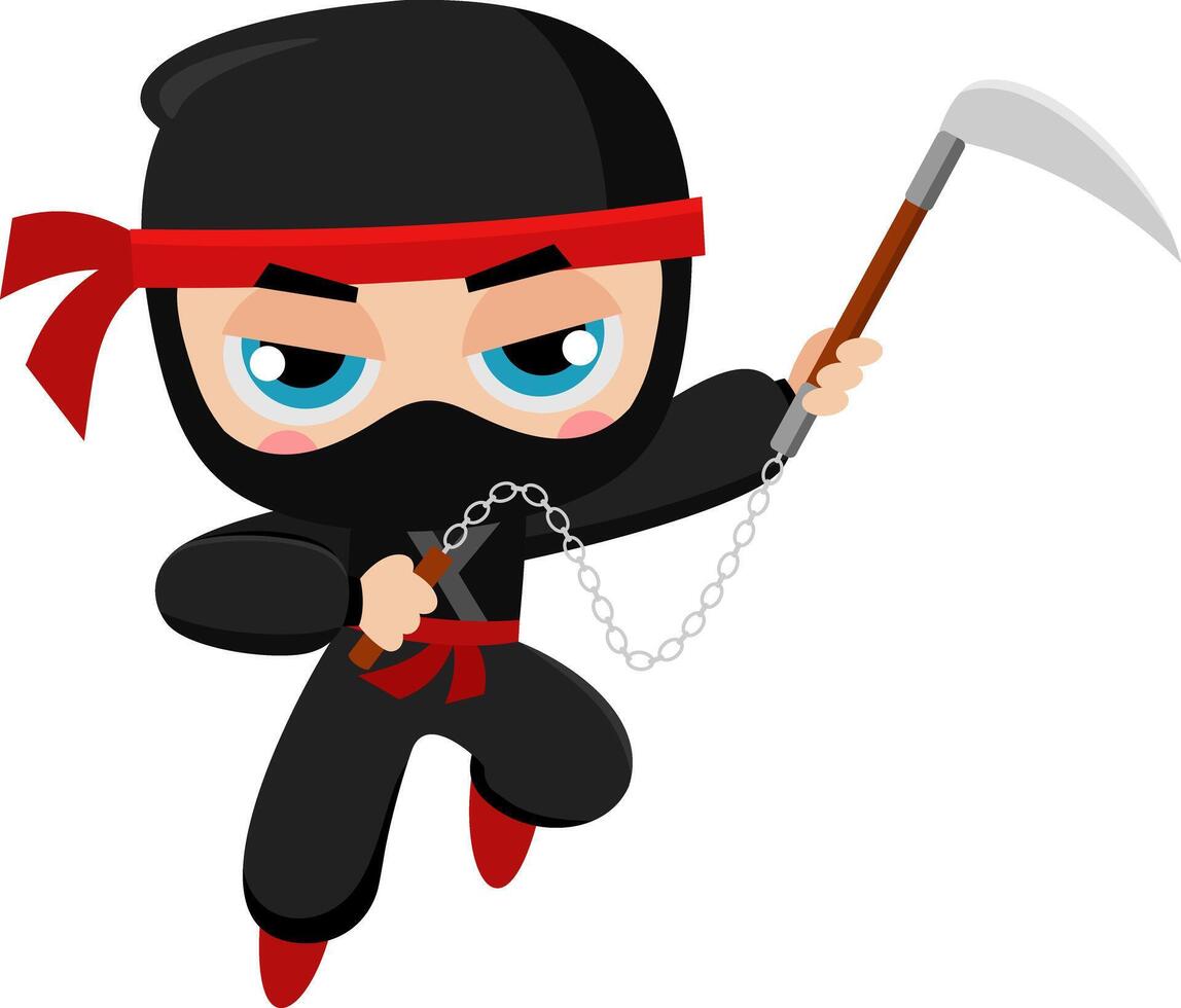 carino ninja ragazzo guerriero cartone animato personaggio con kusarigama nel azione combattente vettore