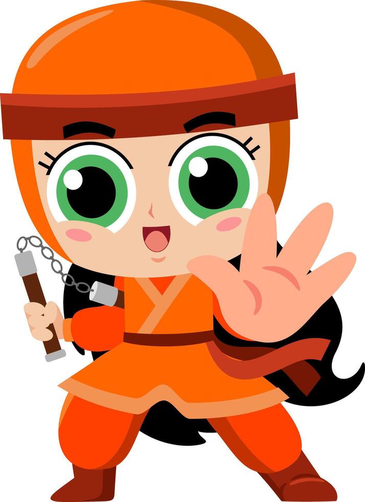 carino ninja ragazza guerriero cartone animato personaggio con nunchaku nel azione vettore