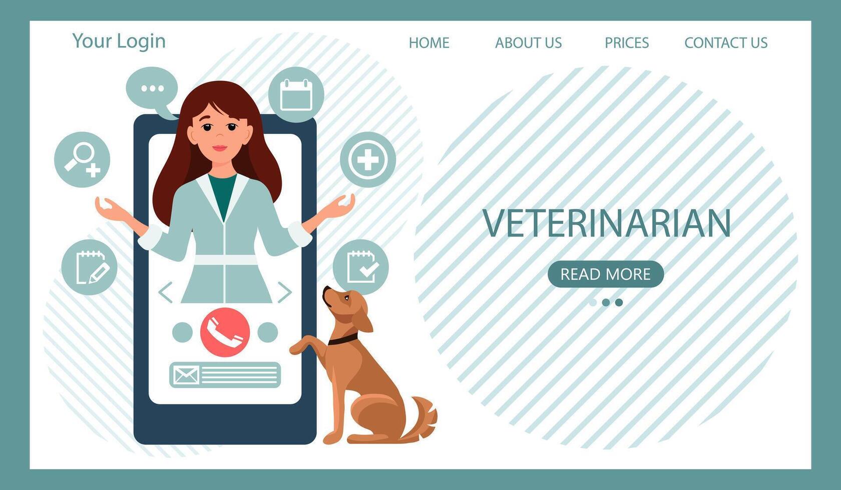 veterinario in linea. femmina veterinario su il Telefono e carino cane. animale Salute bandiera o atterraggio pagina modello, piatto stile vettore illustrazione