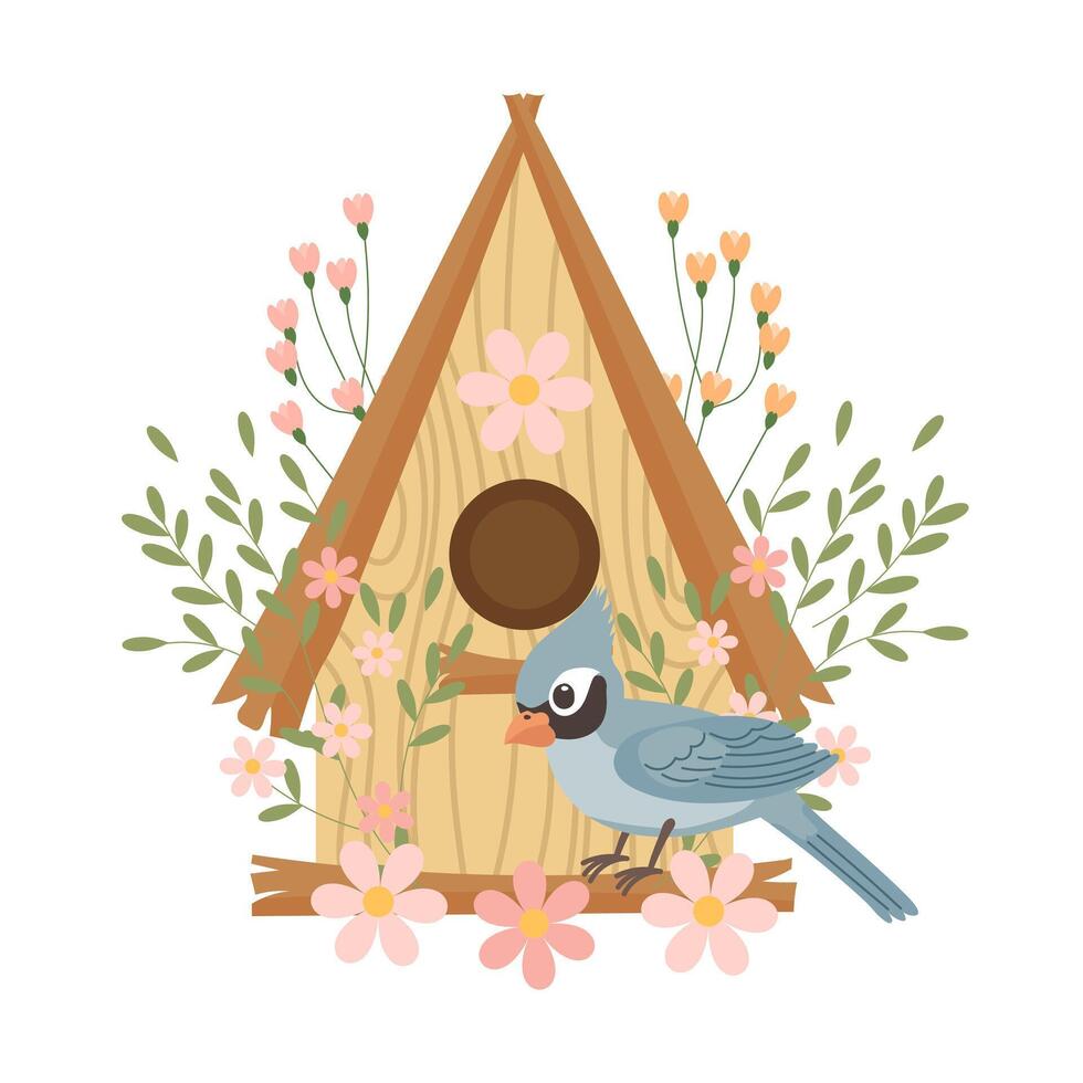 carino birdhouse con uccelli, decorato con fiori e le foglie. primavera clip arte nel piatto cartone animato stile. primavera vacanza illustrazione. vettore