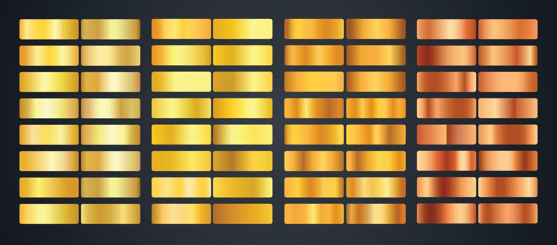 grande impostato di metallico oro gradienti. impostato di oro pendenza vettore tavolozza per sfondo modello, d'oro gradienti campioni tavolozza.