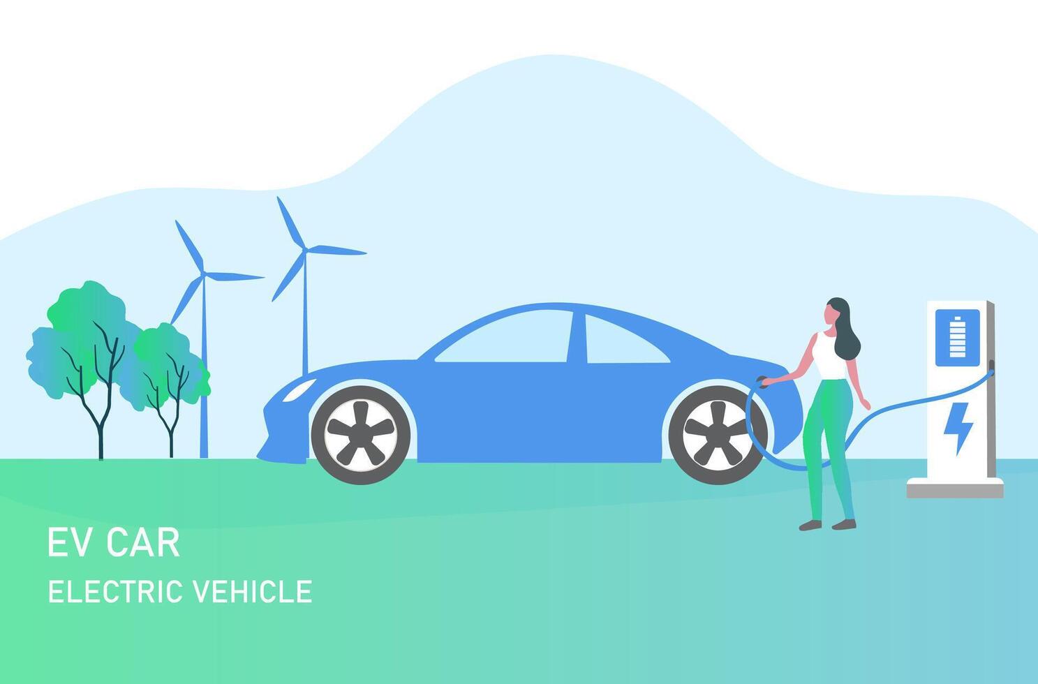 auto elettrica, auto elettrica, batteria di ricarica per auto presso stazione di ricarica elettrica con pannello solare e turbine eoliche. energia verde sostenibile per l'ecologia ambiente. tecnologia di trasporto futuristica. vettore