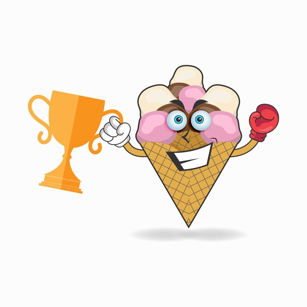 il personaggio della mascotte del gelato vince un trofeo di boxe. illustrazione vettoriale