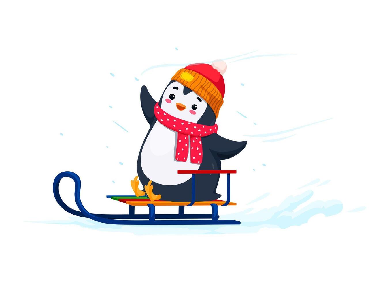 cartone animato carino divertente pinguino personaggio cavalcate un' slitta vettore