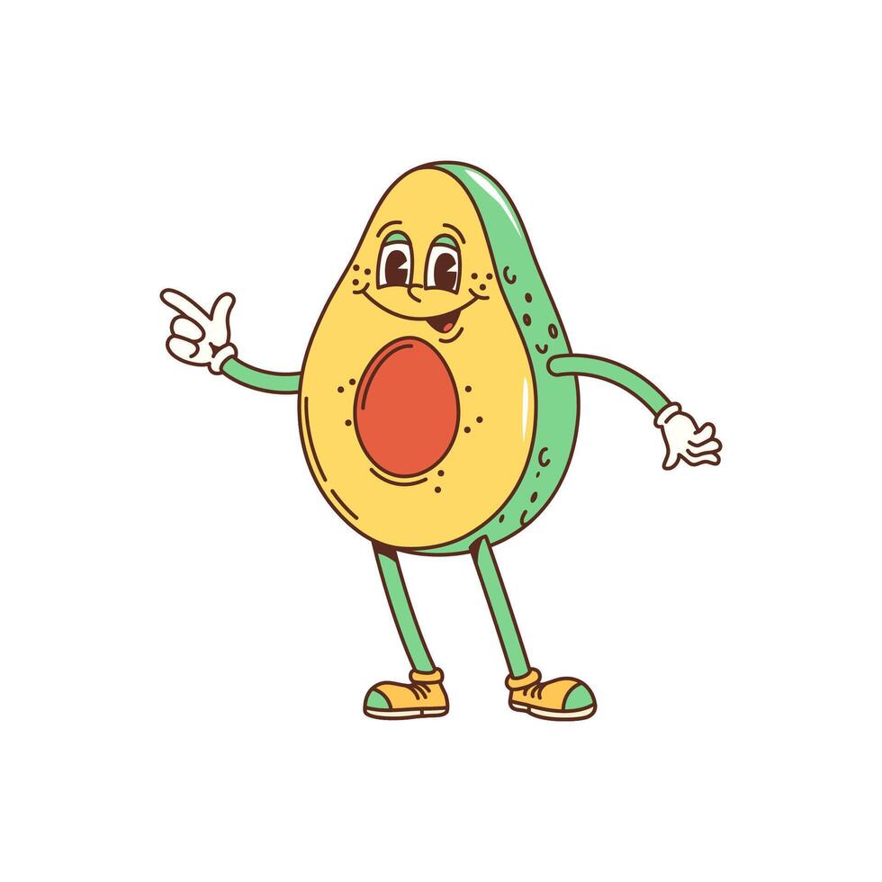 cartone animato Groovy avocado personaggio con contento viso vettore